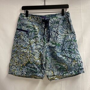 Patagonia Worn Wear Palm Leaf Board Shorts Nylon Zip Pocket Swim Blue Size 30